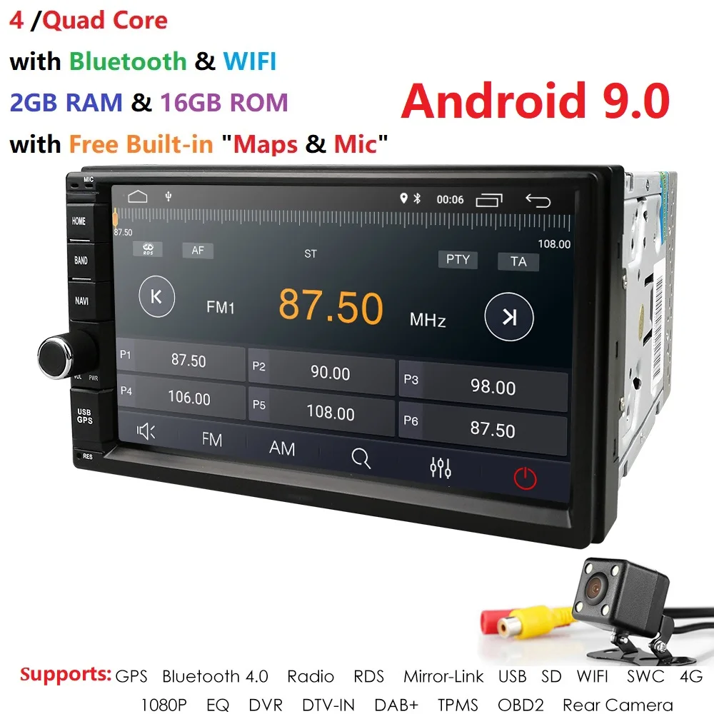 Универсальный 2 din Android 9,0 четырехъядерный Автомобильный gps Wifi BT Радио BT 2 Гб ram 32 Гб SD 16 Гб rom 4G SIM LTE сеть SWC RDS USB DVR DVBT
