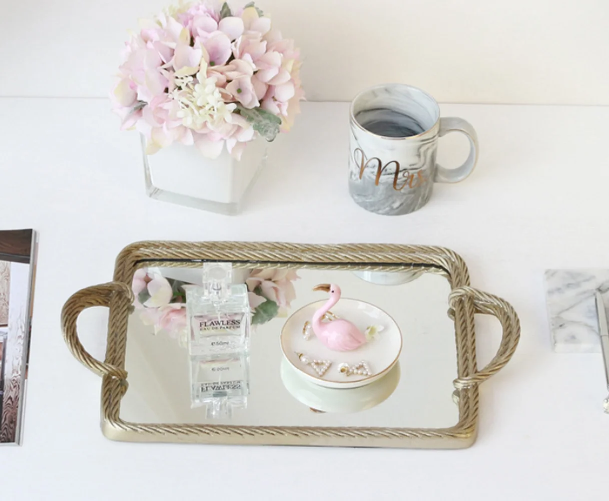 Creative Resin Mirror Tray Cosmetic Storage Tray Retro Rectangular Storage Mirror Shooting Props Serving Tray For Home