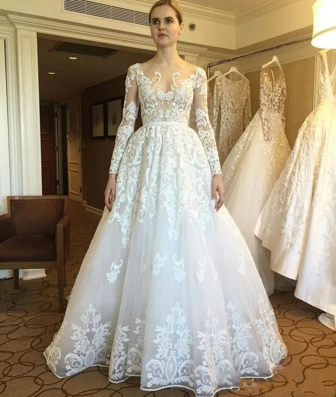 2017 New Zuhair Murad Abiti Da Sposa Sheer Maniche Lunghe Appliques Del  Merletto Pulsante Indietro Arabo Vestios De Novia Abiti Da Sposa|bridal  gown|wedding dresses sheerzuhair murad wedding - AliExpress