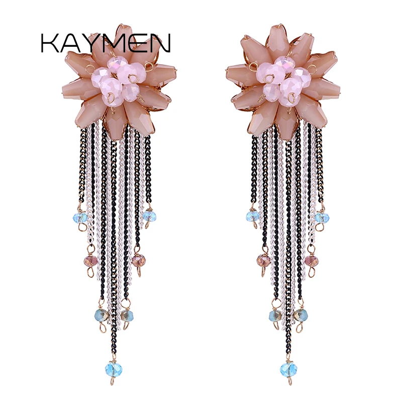 

KAYMEN Crystals Flower Shape With Chains Long Earrings for Girls Wedding Party Jewelry Statement Tassels Drop Earrings 2 Colors
