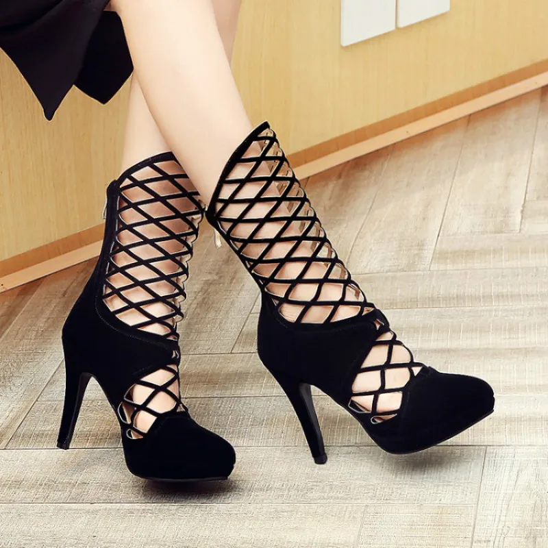 

New fashions Middle barrel boots women's shoes cold boots sexy hollowed boots high heeled women's shoes plus size 35-43