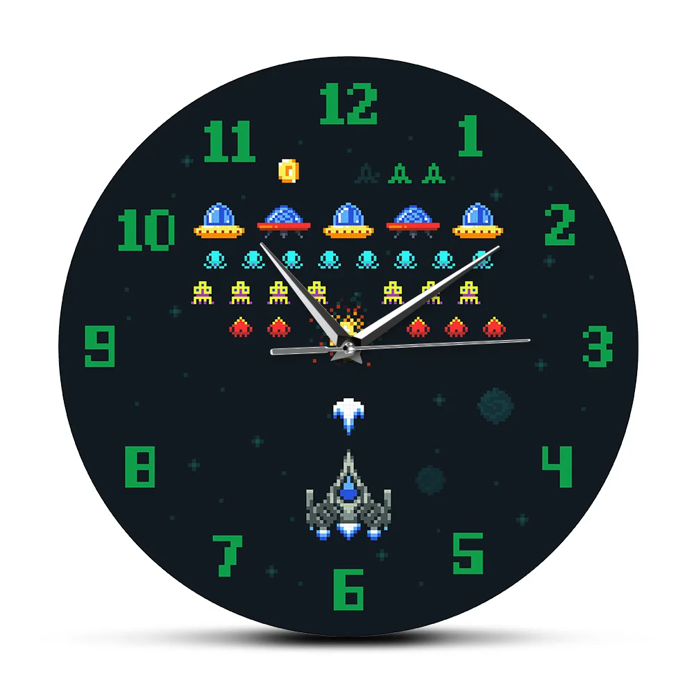 

Vintage Video Game Space Alien Invader Pixel Spaceship Kids Living Room Wall Clock Arcade Video Game Printed Acylic Wall Clock