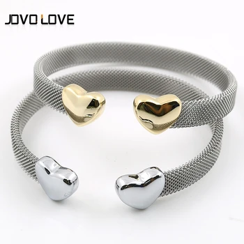 

Fashion Heart Bracelets Grey Mesh Silver Gold Color Lover's Stainless Steel Open Cuff Bracelet for Women Cuff Bracelets Jewelry
