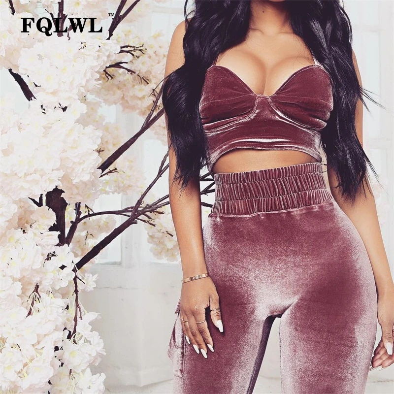 

FQLWL Woman Two Piece Set Velvet Tracksuits Backless Pockets High Waist Pink Outfits Legging Pants Crop Top Women Tracksuit Set