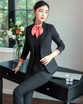 

Formal Business Suits With Grid 3 Pieces Jackets And Blazers And Vest Coat & Waistcoat For Women Business Suits Pants Suits