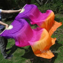 Фиолетовый, розовый, 1 комплект(1 шт. справа+ 1 шт. слева) 1,5 м* 0,9 м(5"* 35") Ручная роспись танец живота Шелковый веер вуаль, настоящий цветастый шелк