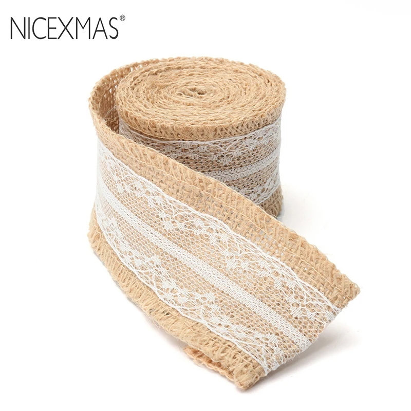 

NICEXMAS Decorative Burlap Fabric Ribbons Jute Roll with Lace for Craft Gift DIY Projects 200x5cm