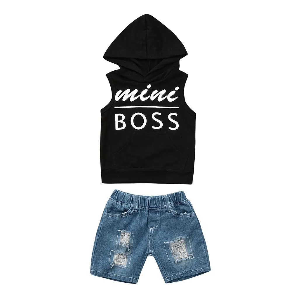 

Toddler Baby Boys Letter Print Vest Hooded Tops+Hole Denim Jean Shorts Outfits Yenidogan Bebek Giyim Vetement Enfant Garcon