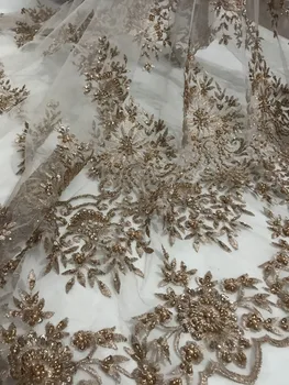 

New design with sequins embroidery mesh french lace fabric for wedding dress with beads