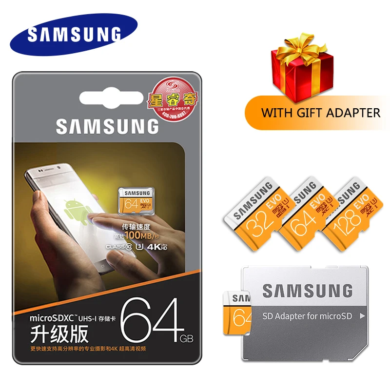

SAMSUNG New U3 EVO Micro SD 128GB/64GB SDXC U1 32GB/16GB SDHC Class 10 TF Memory Card C10 Microsd Flash Cards with package
