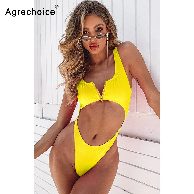 

2019 New Sexy One Piece Swimsuit Women Zipper Swimwear Monokini Cut Out Backless Bathing Suit Summer Beach Wear Swimming Suit XL