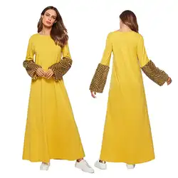 Повседневное женское мусульманское длинное платье модные бархатные рукава Лоскутные мусульманские платья желтый круглый вырез свободное