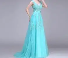 Vestido de festa Новое поступление Robe De Soiree v-образный вырез с кружевной аппликацией длинные тюлевые вечерние платья розовый темно-синий серый - Цвет: Небесно-голубой