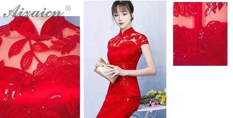 De color rojo sirena novia largo Cheongsam las mujeres chino tradicional boda Vestido Qipao Восточный de moda vestido de fiesta