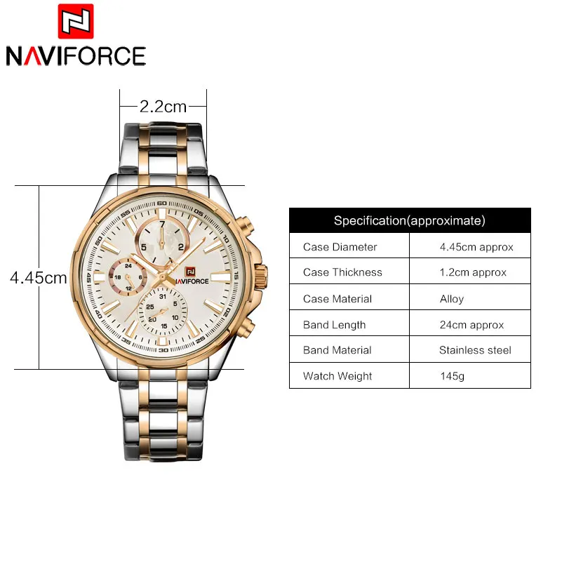 Мужские водонепроницаемые спортивные часы NAVIFORCE кварцевые из нержавеющей стали