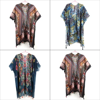 

Vintage Floral Cardigan For Women Retro Tassel Irregular Loose Women Long Blouse Bohemian Style Beach Kimono Cardigan Green Red