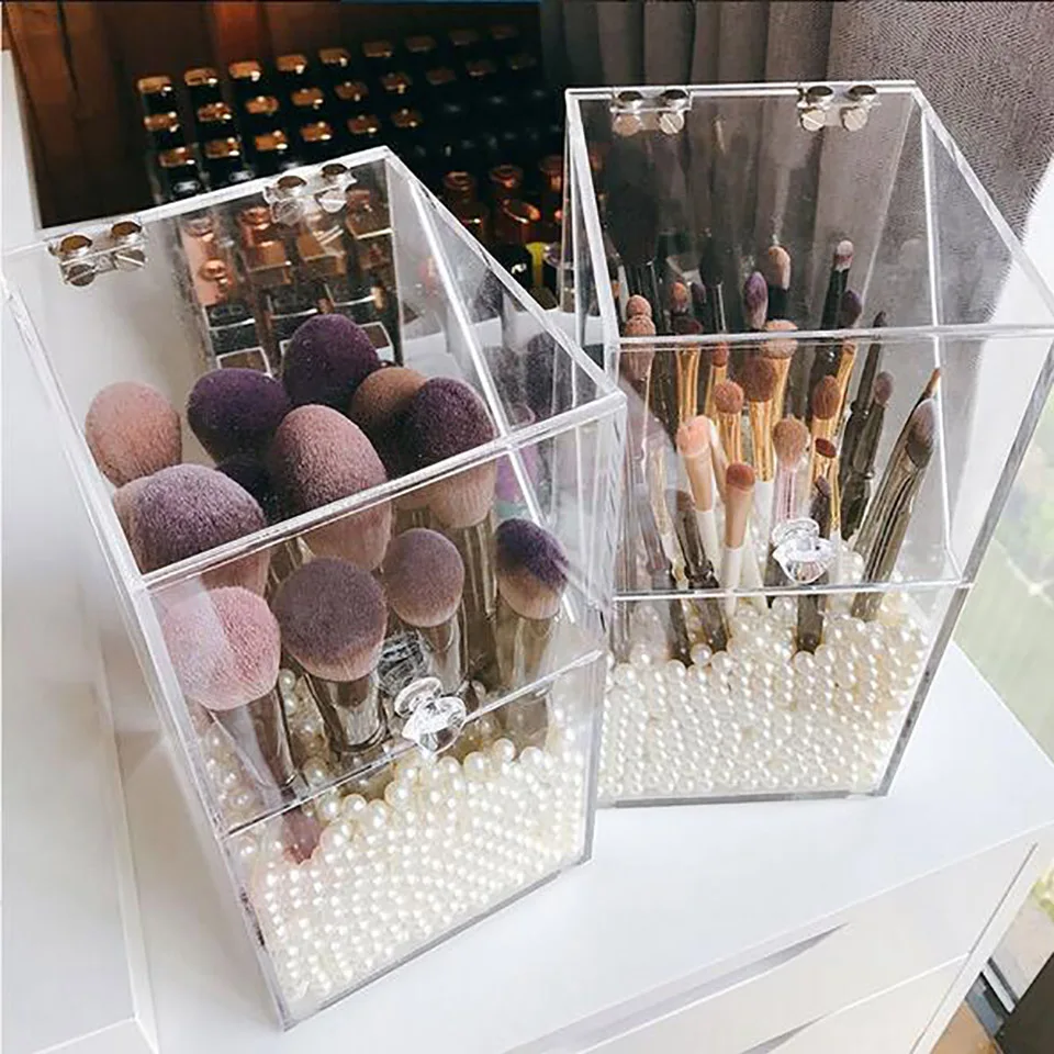 Transparent Acrylic Flip Makeup Brush Tube Dustproof Desktop Makeup Brush Storage BoxStorage