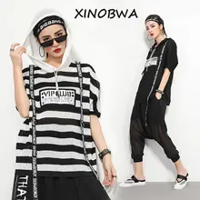 Европа Новинка Летняя женская уличная мода с буквенным принтом полосатая футболка с капюшоном топы женские повседневные футболки больших размеров