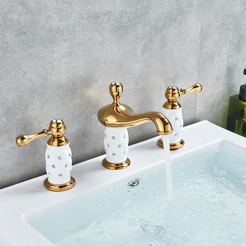 

White Gold Wholesale and Retail Widespread 3pcs Basin Faucet Dual Handles Deck Mounted