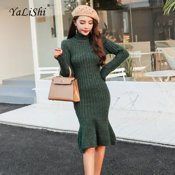 

Women Solid Mermaid Dress Black Green Full Sleeve Turtleneck Knee-length Knitting Korean Casual Dress Elegant Autumn Dresses