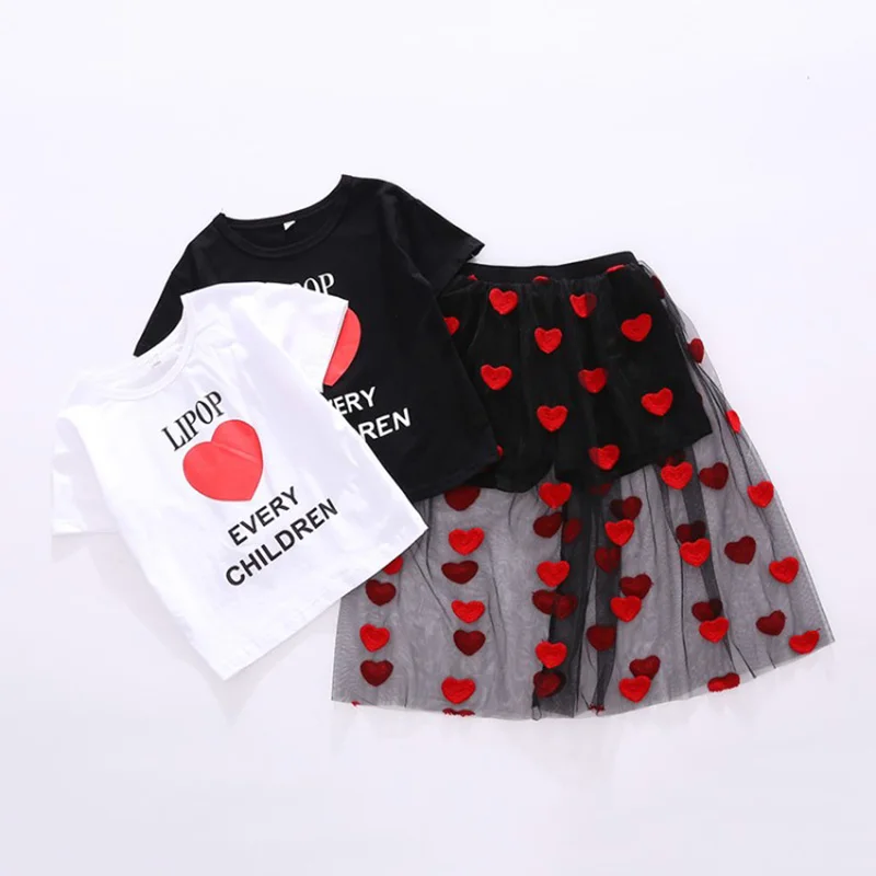 Летний комплект из 2 предметов для девочек, футболка для малышей+ юбка-пачка, Детский костюм, Детский комплект с красным сердцем и буквенным принтом, вышитая сетка для детей 4-11 лет