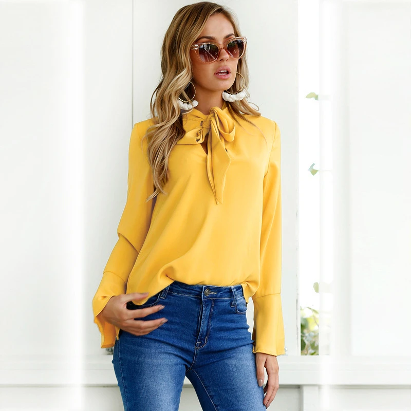 2018 otoño verano mujeres sueltas camisa Casual blusa gasa mujeres amarillo Rosa negro mujeres oficina arco del Color de manga larga|Blusas y camisas| - AliExpress