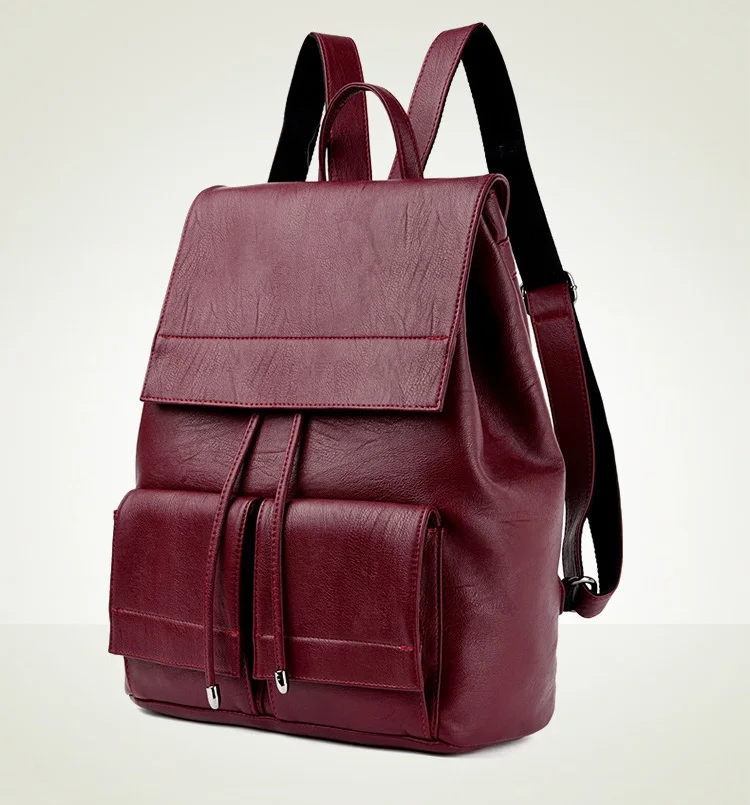 MJ Women Leather Backpack Solid PU Leather Travel Bag Branded Design Female Large School Bag for Girls High Capacity Drawstring (16)