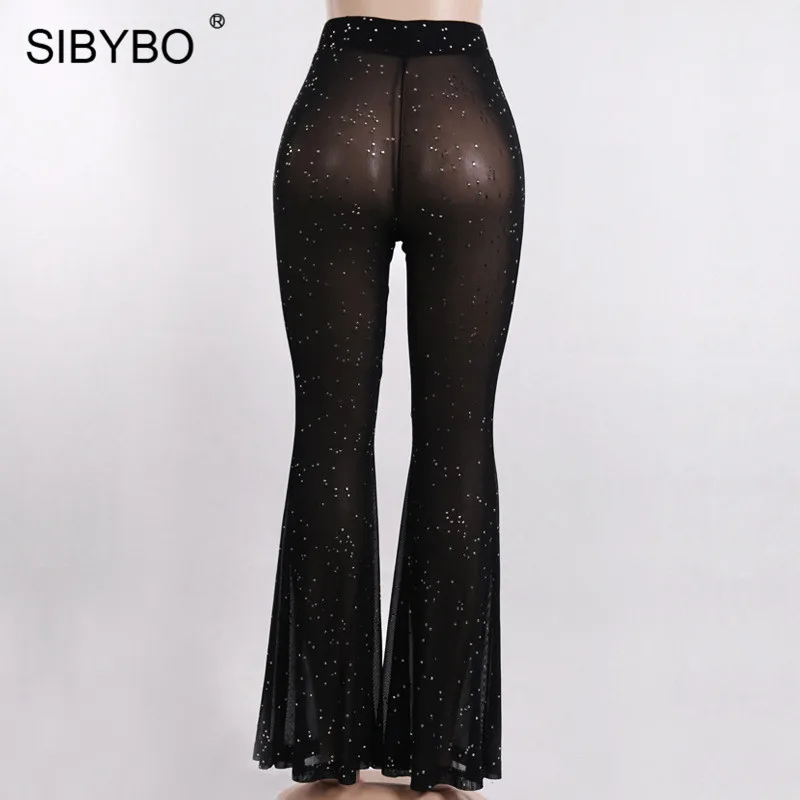 Sibybo, сетчатые прозрачные сексуальные штаны с блестками, женские свободные летние брюки с высокой талией, черные пляжные повседневные женские штаны