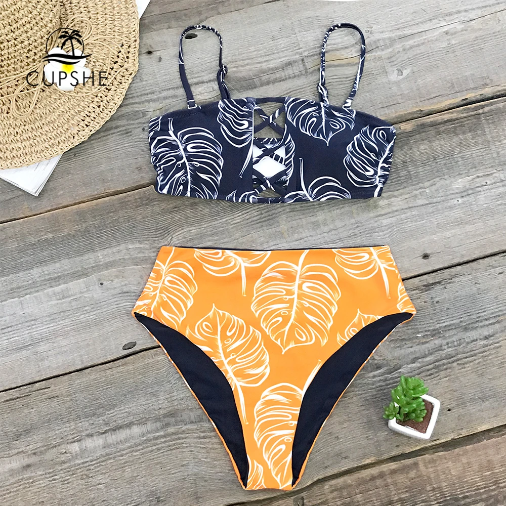 Kaufen CUPSHE Gelb Und Blätter Print Lace up Bikin Sets Badeanzüge 2020 Frauen Sexy Zwei Stück Badeanzüge Bademode