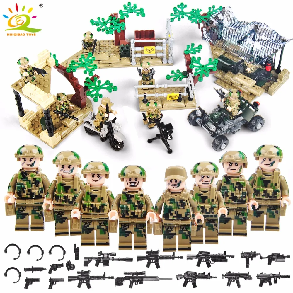 

HUIQIBAO TOYS 8pcs Military Soldiers camp Building Blocks Compatible Legoed Army figures with gun WW2 Bricks toys for Children