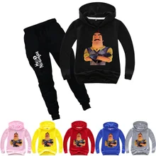 Высококачественная хлопковая одежда для мальчиков и девочек, комплект игры с принтом «Hello neigher», детские модные толстовки или шаровары, От 2 до 14 лет