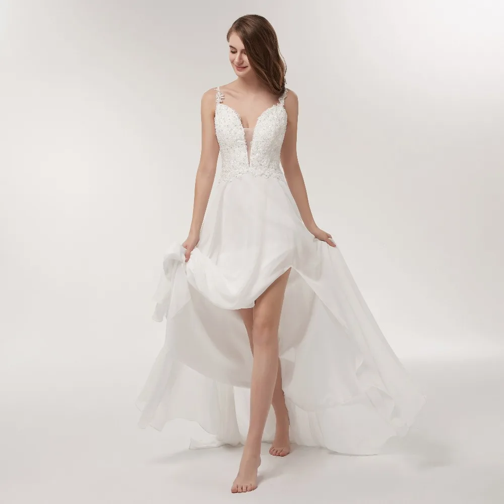 Пляжные свадебные платья на бретельках, свадебное платье с глубоким v-образным вырезом, простое белое шифоновое платье с открытой спиной на заказ, Vestido De Noiva