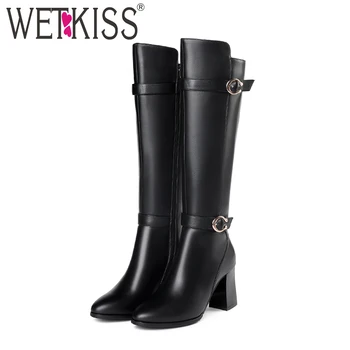 

WETKISS Plus Size 32-45 High Heels Women Boot Zip Footwear Round Toe Cow Leather Female Boot Knee High Shoes Woman 2018 Winter