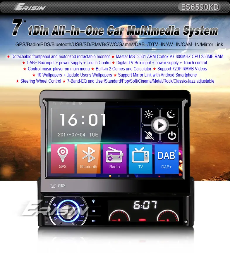 Perfect Erisin ES6590KD 1 Din 7 inch Wince 6.0 Car Audio System DVD GPS Player Radio DAB+ System 0