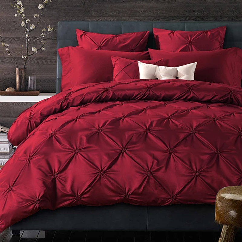 

4-Pcs Imitated Silk Red/Green Bedding Set Solid Color Handwork Pinch Pleat Bed Set King Queen size Duvet Cover Bed Sheet cotton