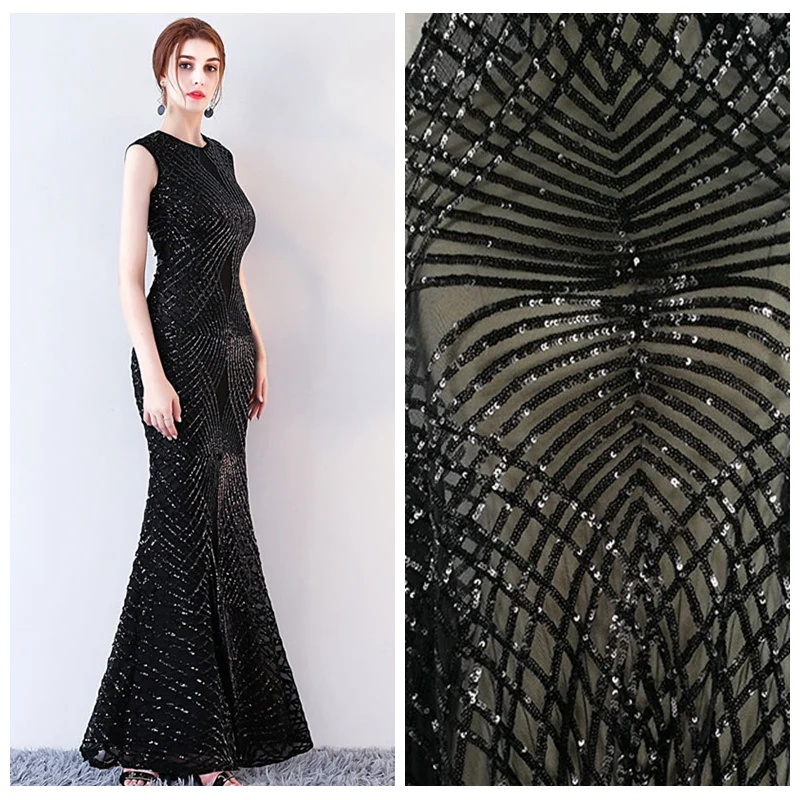 

LASUI Elegant Black Sequins embroidered mesh lace Four-sided elasticity DIY wedding dress fabric high-end evening dress W0037