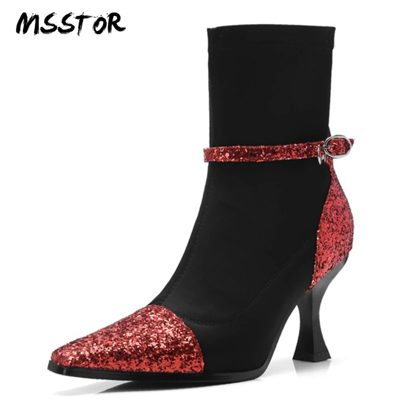 

MSSTOR Bling Buckle Strap High Heels Boots Women Stretch Fabric Autumn Women Ankle Boots Square Toe Silver Shoes For Women