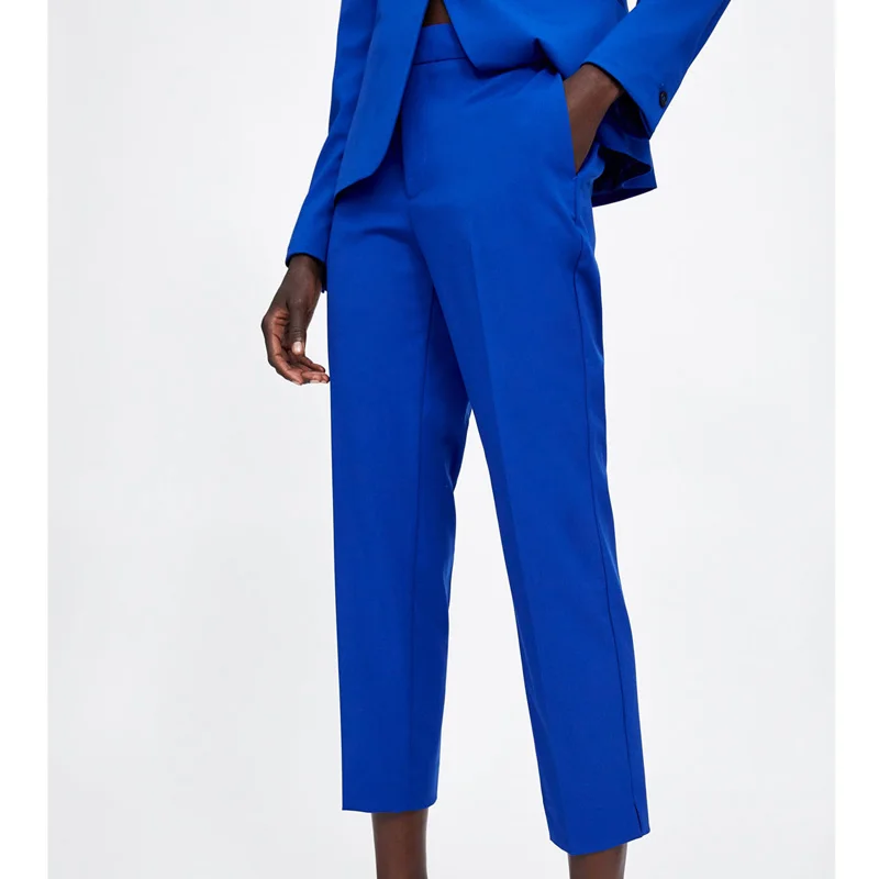 

Blue Color Loose Ninth Pants Women Fashion Wide Leg Pants Women Elegant Zipper Waist Pants Trousers Female Ladies DI03