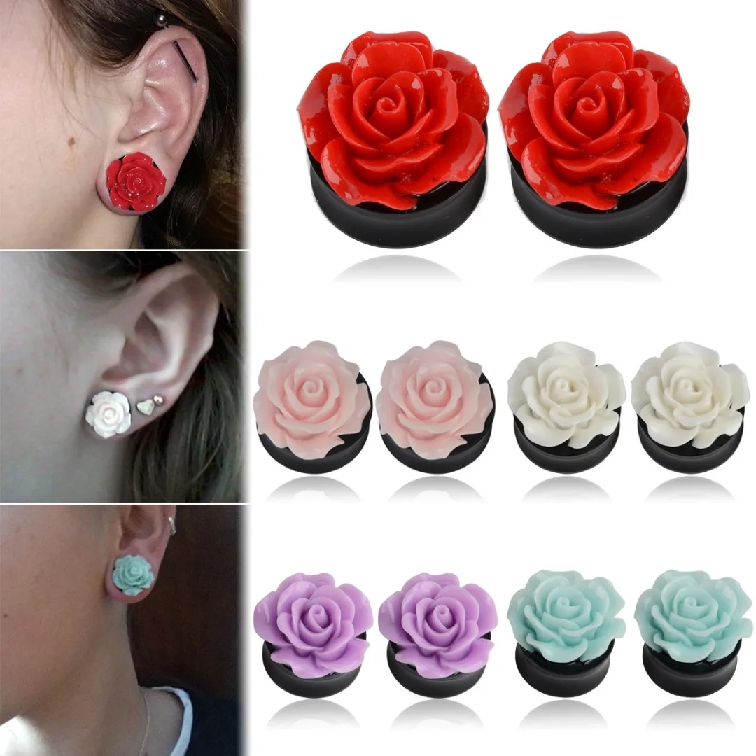 

1Pair Rose Acrylic Double Saddle Ear Plugs Fashion r Ear Gauge Plugs Tunnels Stretcher Expander For Women Jewelry 8mm-25mm