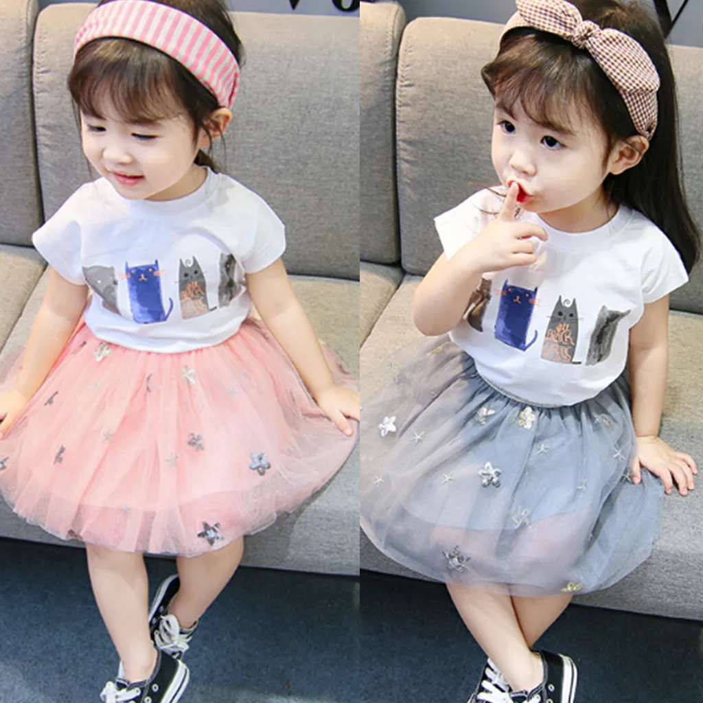 Toddler Baby Girls Cat Print T-Shirt Tops+Floral Star TuTu Tulle Skirts Outfits | Детская одежда и обувь