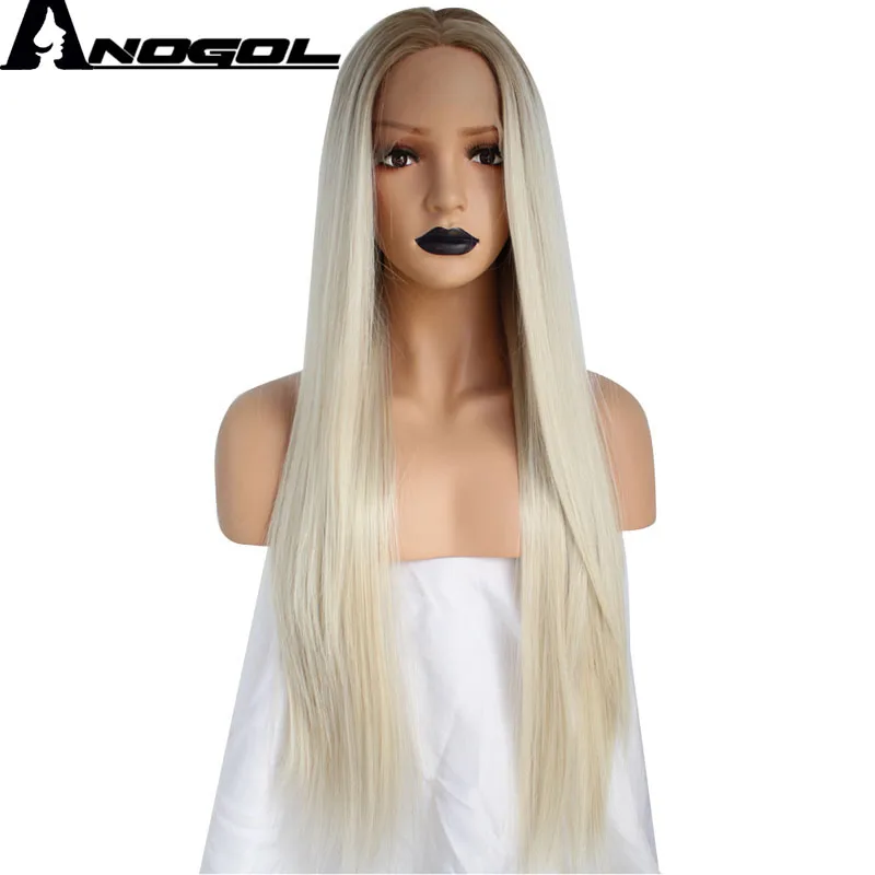 

Anogol 2 Tones Natural Long Straight Platinum Blonde Ombre Dark Roots Middle Parting Synthetic Lace Front Wig For Women