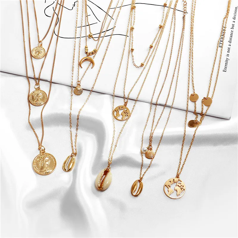 Купить 1 получить 1 подарок золотое серебряное многослойное ожерелье для женщин в виде ракушки колье и кулоны женские океанские модные ювелирные изделия