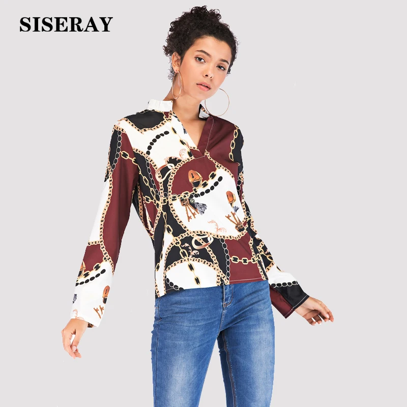 Fashion Womens Tops And Blouses Long Sleeve Chain Print Blouse Female New 2019  V Neck Office Ladies Work Blouses And Shirts