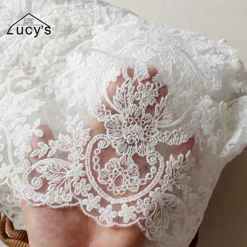 

3 Yards/lot New Palace design high end elegant cotton lace ivory embroidered tulle mesh lace trimming