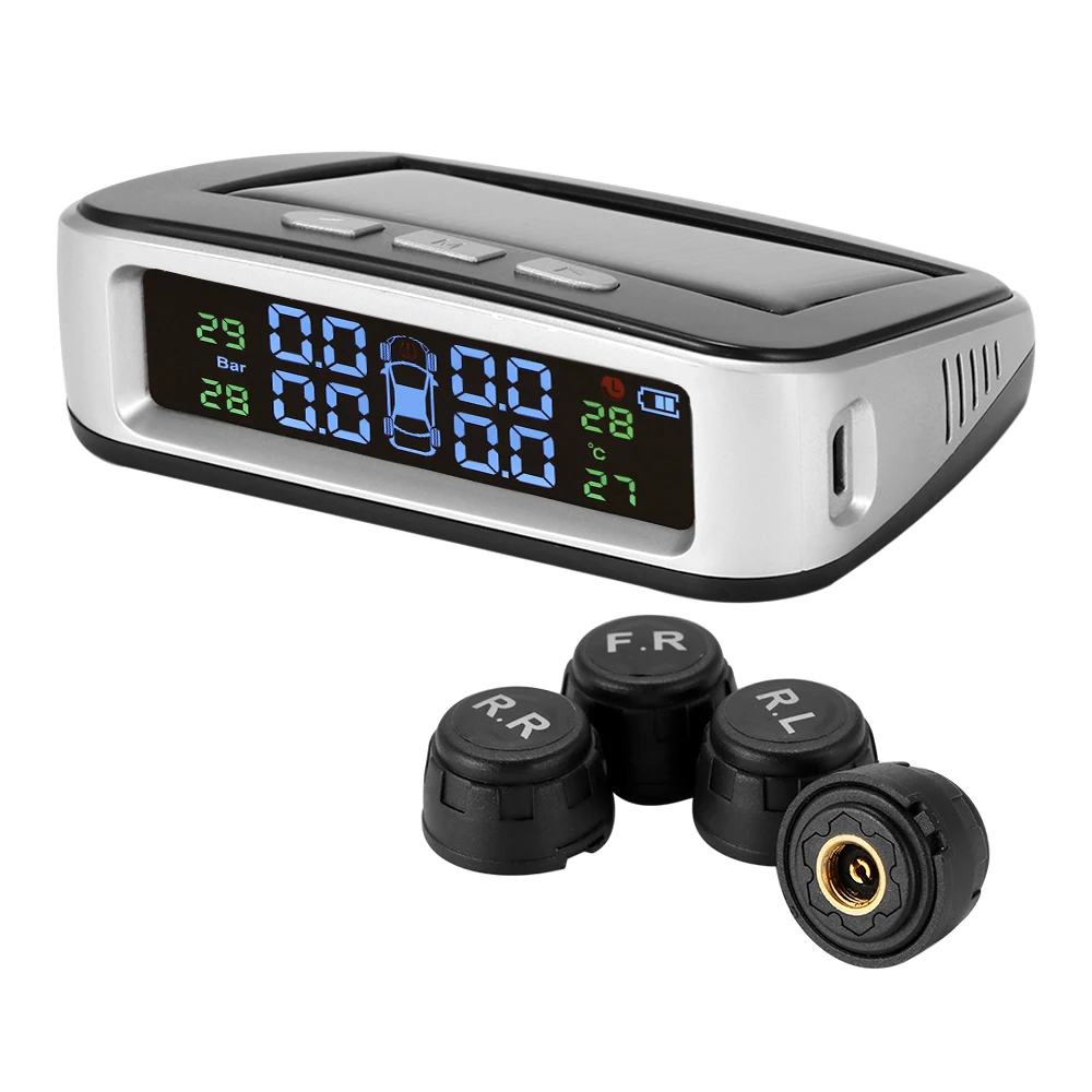 Беспроводная автомобильная система сигнализации давления в шинах TPMS ЖК-дисплей с солнечной батареей автомобильный 4 Внешний датчик Температурная сигнализация
