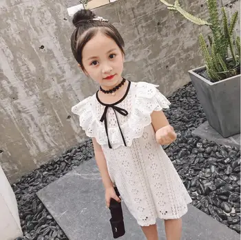 

Girls Lace Dress 2018 Summer Sleeveless Flower Screen Yarn Hollow Girl Sweet Cute Fluffy Princess Dress Tide