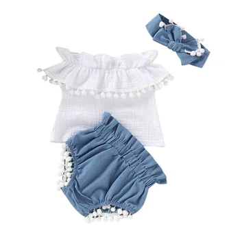 

Baby Girl Clothes Summer Baby Girls Off-shoulder T-shirt Tops+Denim Shorts With Bow Headband Casual Outfits Sets