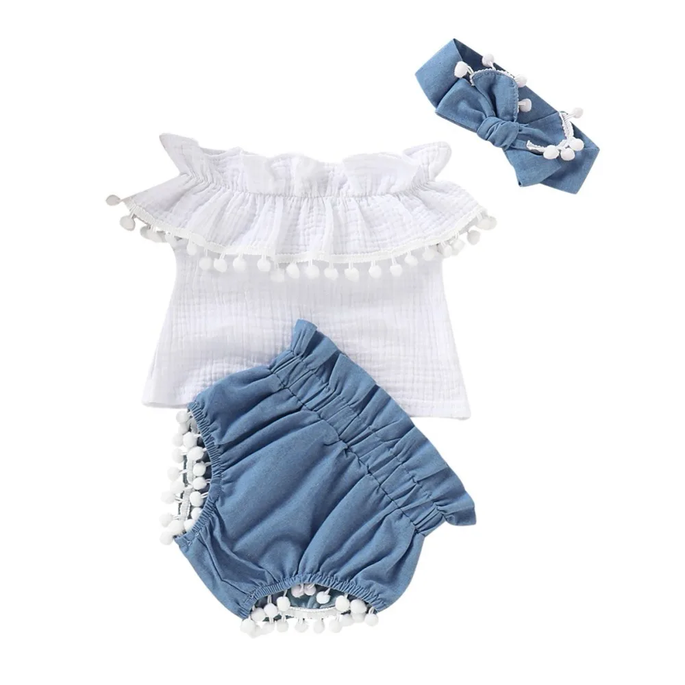 

Baby Girl Clothes Summer Baby Girls Off-shoulder T-shirt Tops+Denim Shorts with Bow Headband Casual Outfits Sets