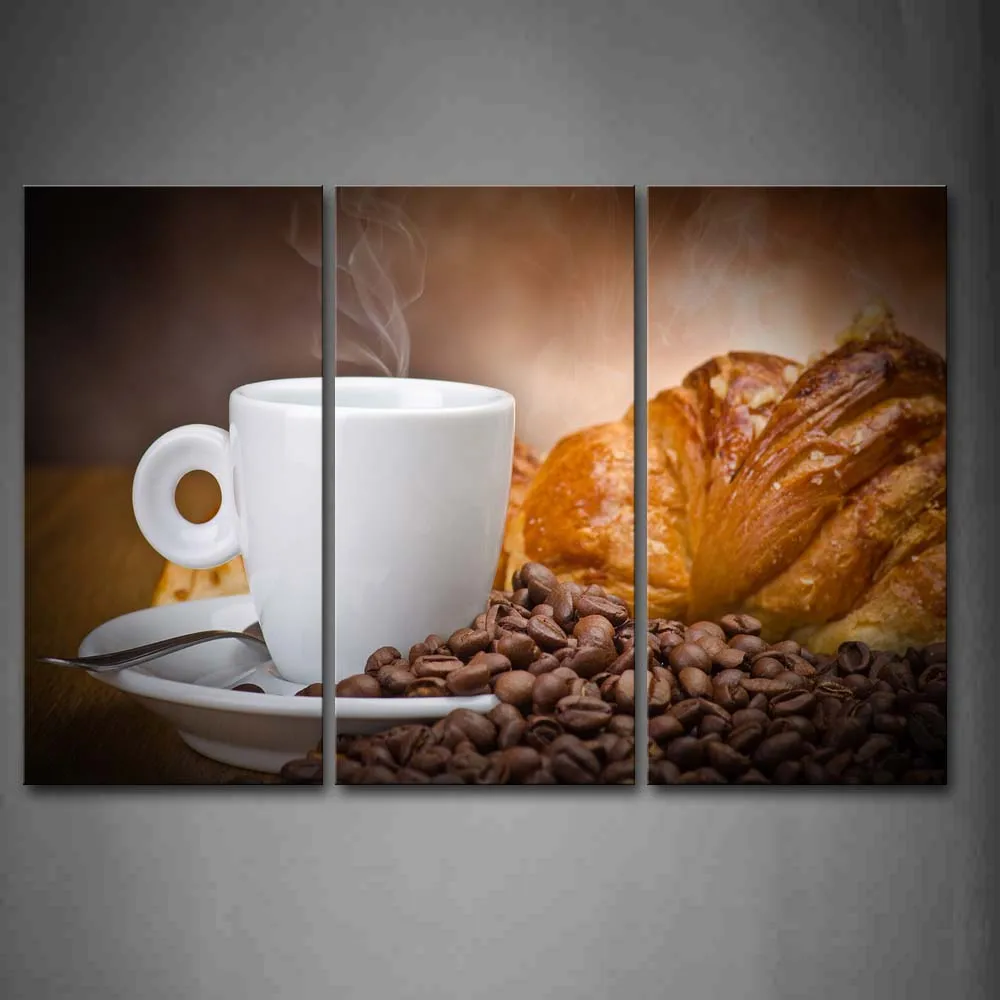 

Framed Wall Art Picture Coffee Bread Canvas Print Food Modern Poster With Wooden Frame For Living Room Home Office Decor