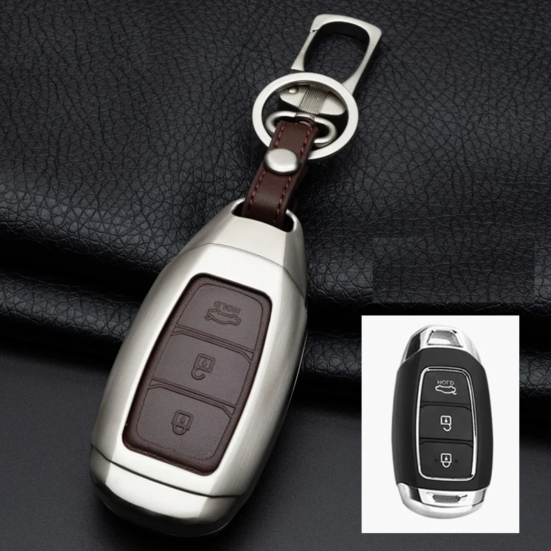 

Zinc alloy+Leather Car Key Fob Cover Case Chain For Hyundai i30 Ix35 Solaris Azera Elantra Grandeur Ig Accent Santa Fe 2017 2018
